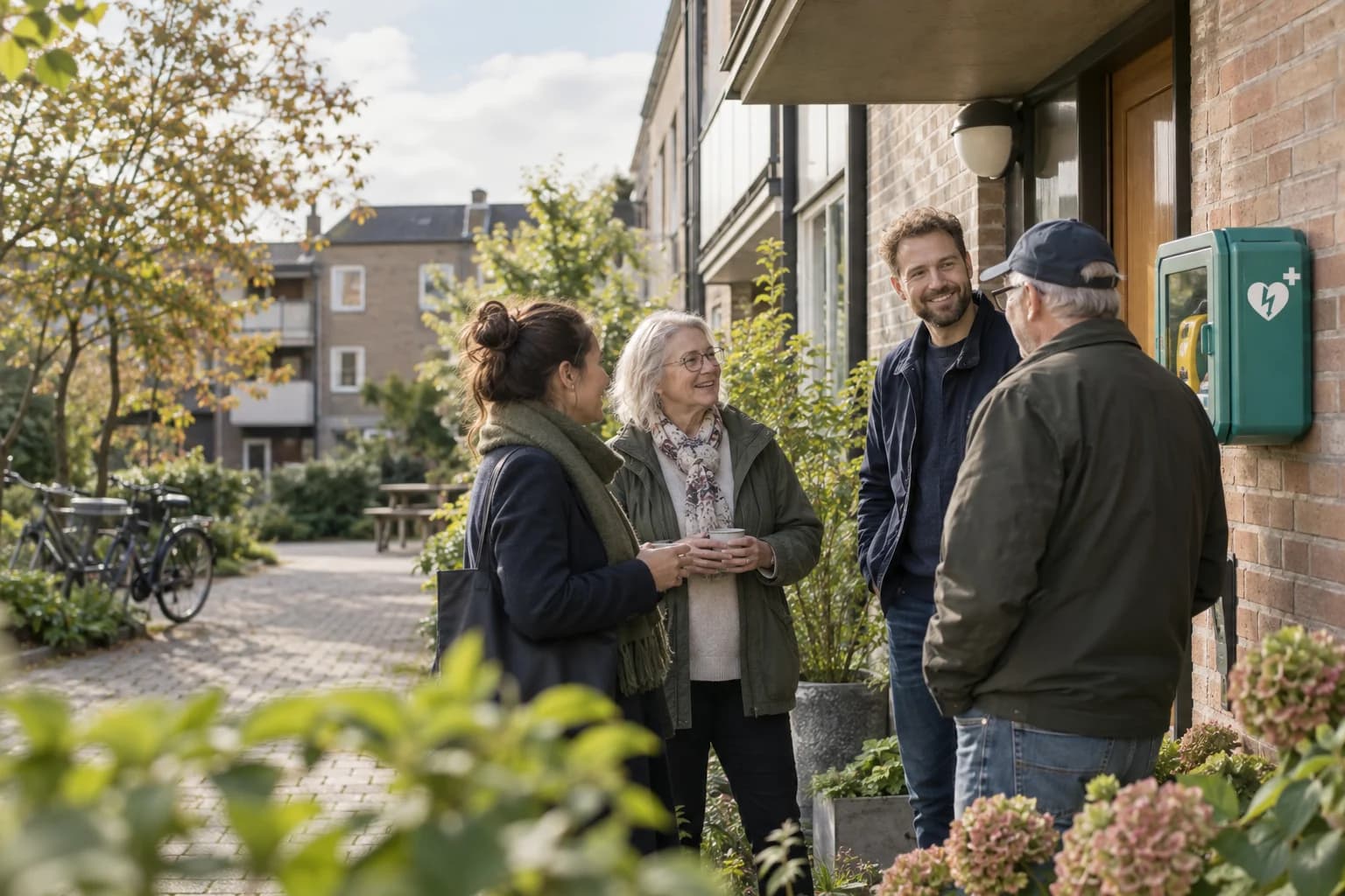 Grannar samtalar utanför en gemensam entré med en hjärtstartare på väggen